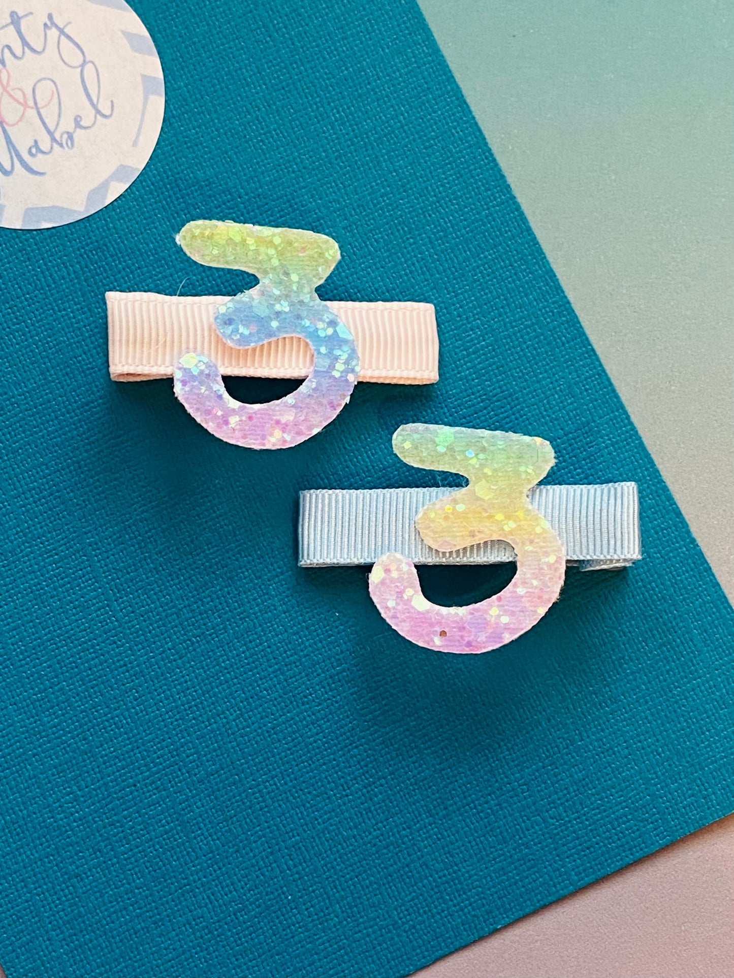 Sale: Age 3 Glitter Birthday Clips (Pair)