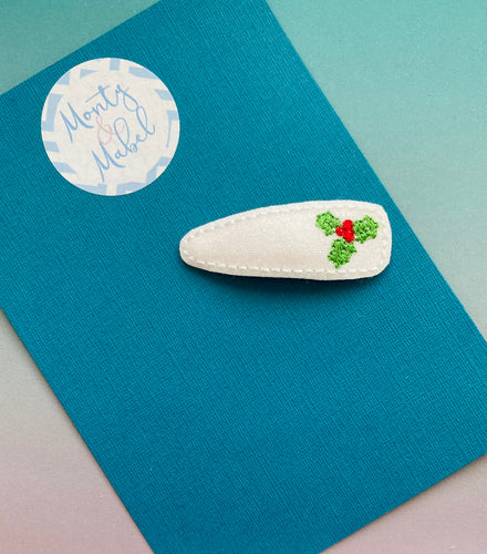 Sale: Christmas Holly Embroidered Snap Clip