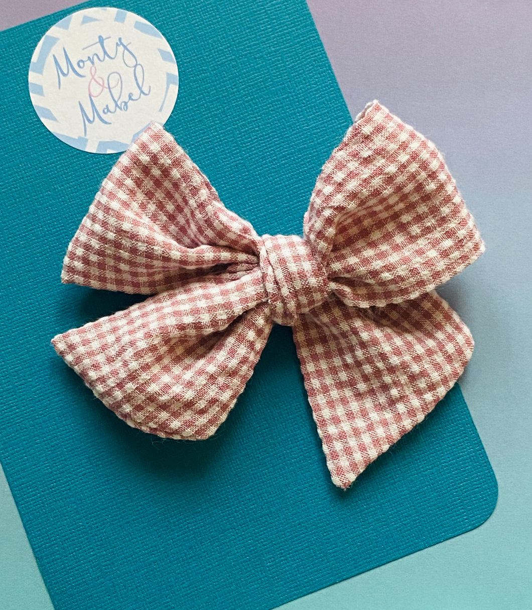 Dusky Pink Gingham Sewn Bow