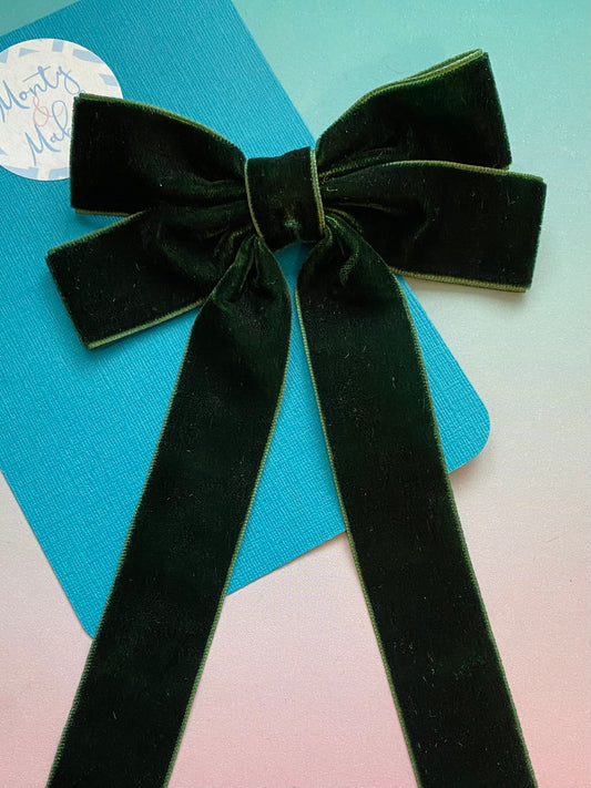 Sale: Dark Green Long Velvet Bow