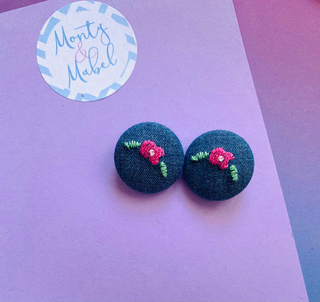 Sale: Embroidered Denim Flowers Tiny Bobbles (Pair)
