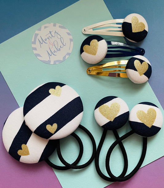 Metallic Gold Hearts on Stripes (Navy)